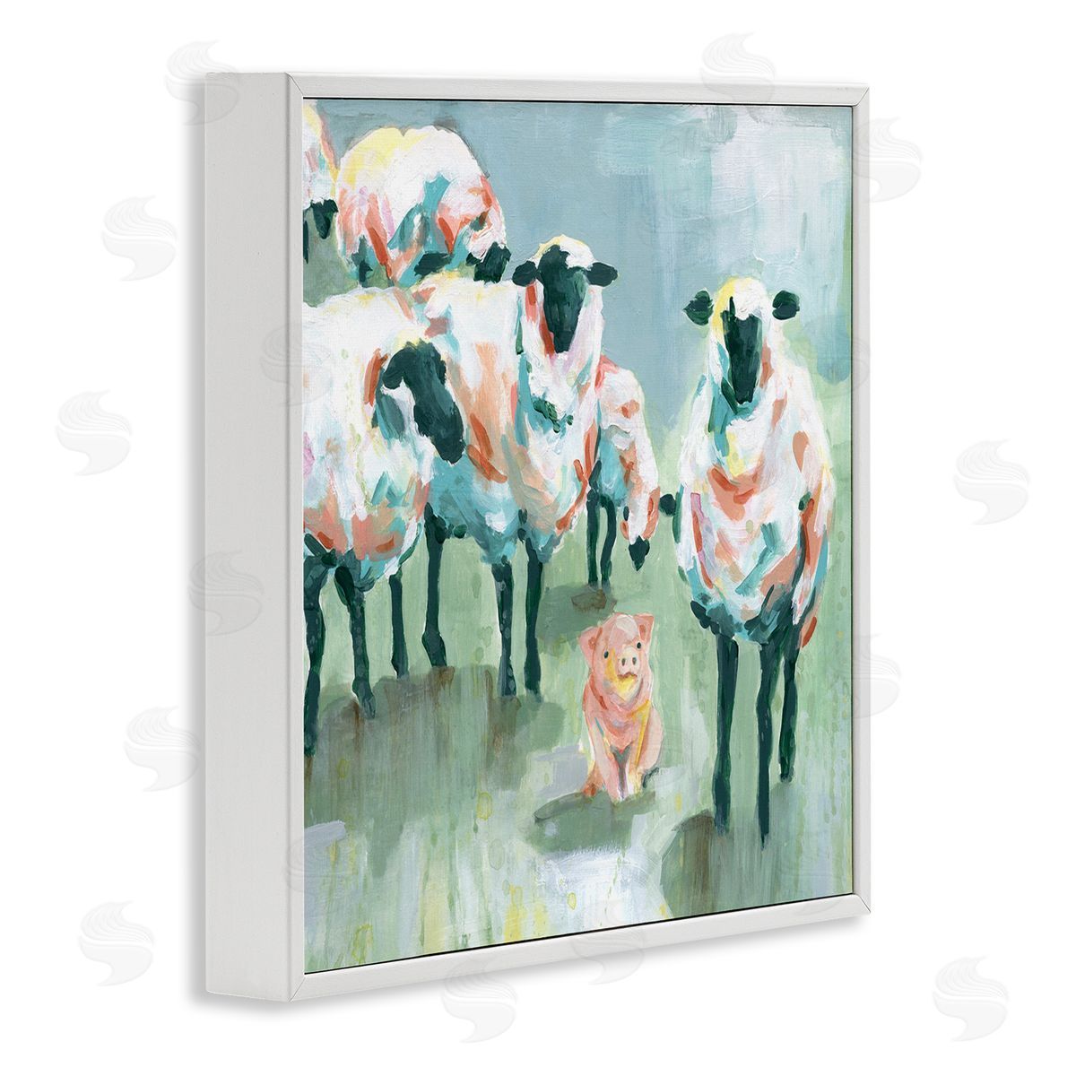 Carol Robinson Piglet in Flock of Sheep Adorable Farm Animal White Framed Glicee Wall Art Print