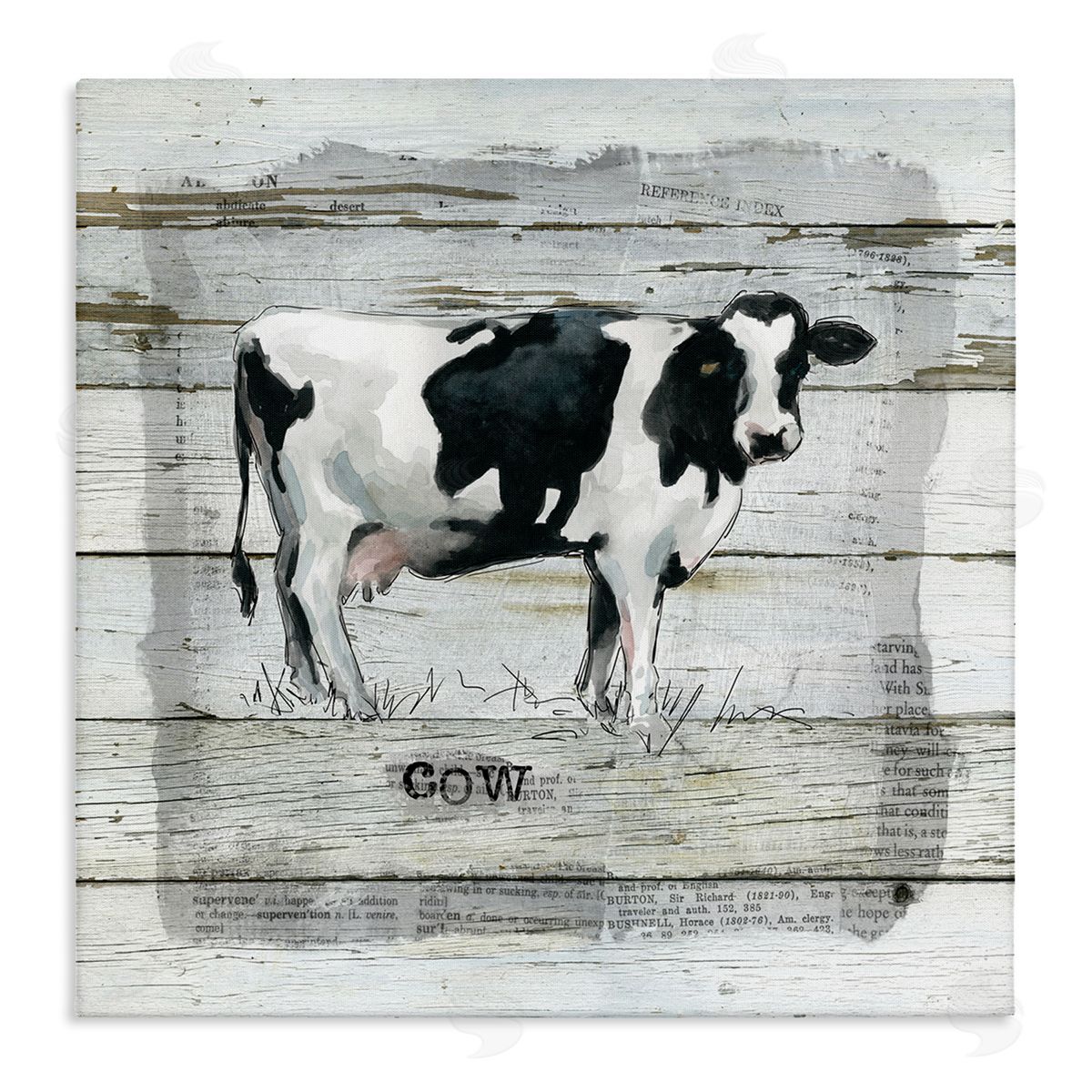 Carol Robinson Country Dairy Cow over Rustic Pattern Book Collage Stretched Canvas Wall Art Print