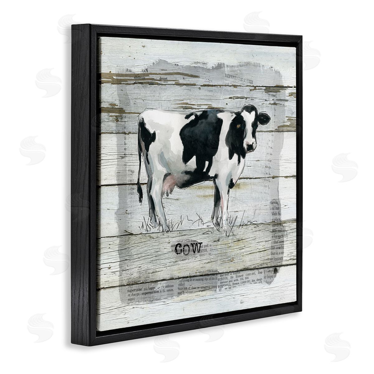 Carol Robinson Country Dairy Cow over Rustic Pattern Book Collage Black Floating Frame Canvas Wall Art Print