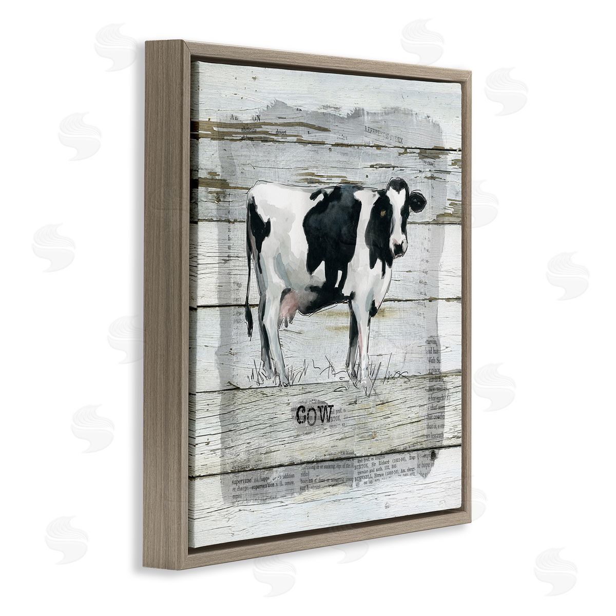 Carol Robinson Country Dairy Cow over Rustic Pattern Book Collage Brown Floating Frame Canvas Wall Art Print