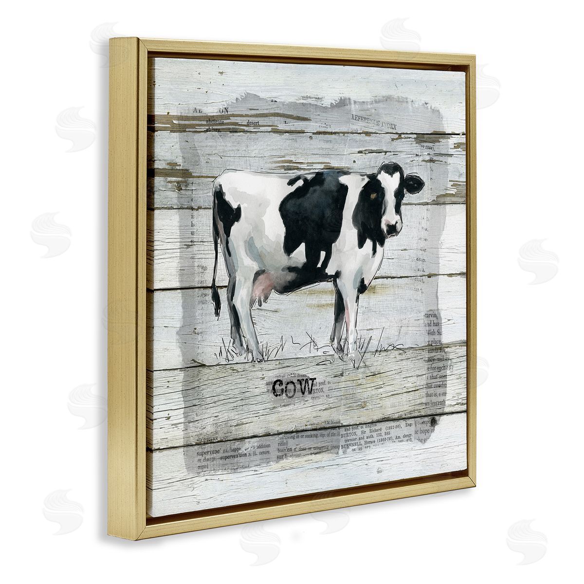 Carol Robinson Country Dairy Cow over Rustic Pattern Book Collage Gold Floating Frame Canvas Wall Art Print