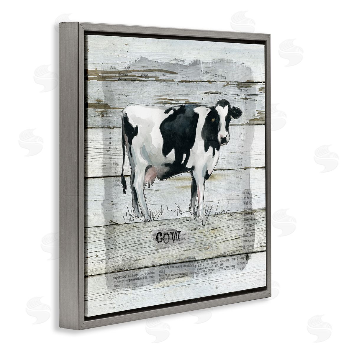 Carol Robinson Country Dairy Cow over Rustic Pattern Book Collage Gray Floating Frame Canvas Wall Art Print