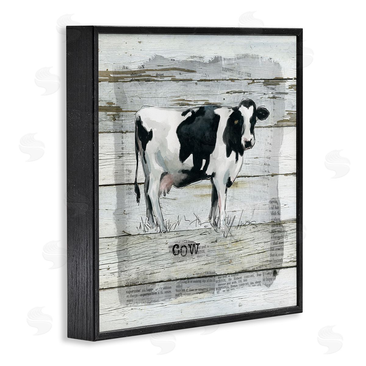 Carol Robinson Country Dairy Cow over Rustic Pattern Book Collage Black Framed Glicee Wall Art Print