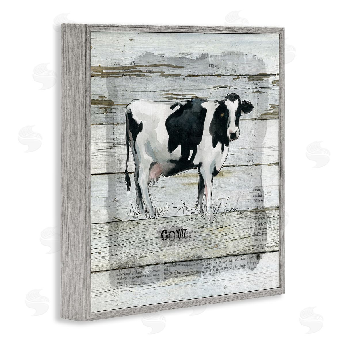 Carol Robinson Country Dairy Cow over Rustic Pattern Book Collage Gray Framed Glicee Wall Art Print