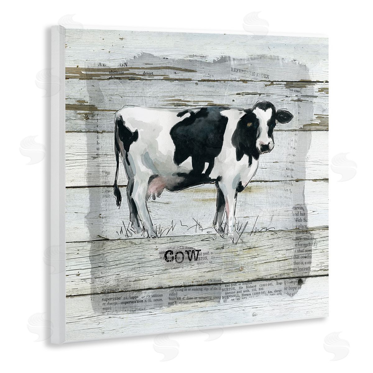 Carol Robinson Country Dairy Cow over Rustic Pattern Book Collage Wooden Wall Plaque Art Print