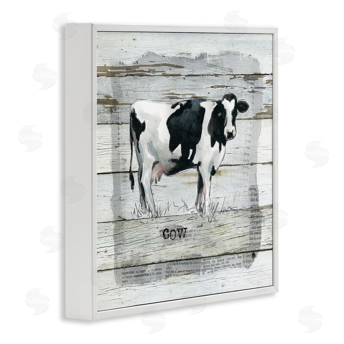 Carol Robinson Country Dairy Cow over Rustic Pattern Book Collage White Framed Glicee Wall Art Print