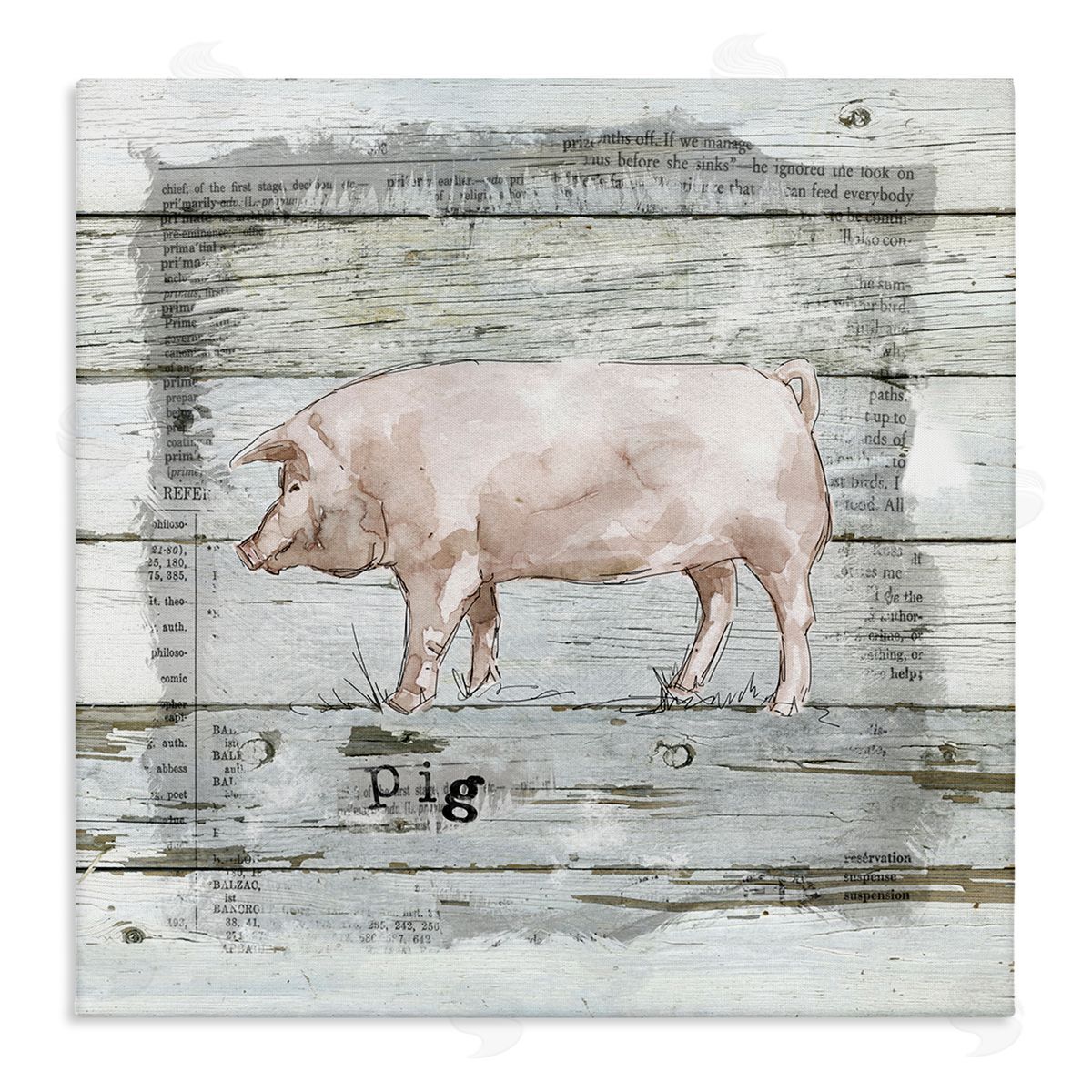 Carol Robinson Country Pink Pig over Book Collage Rustic Pattern Stretched Canvas Wall Art Print
