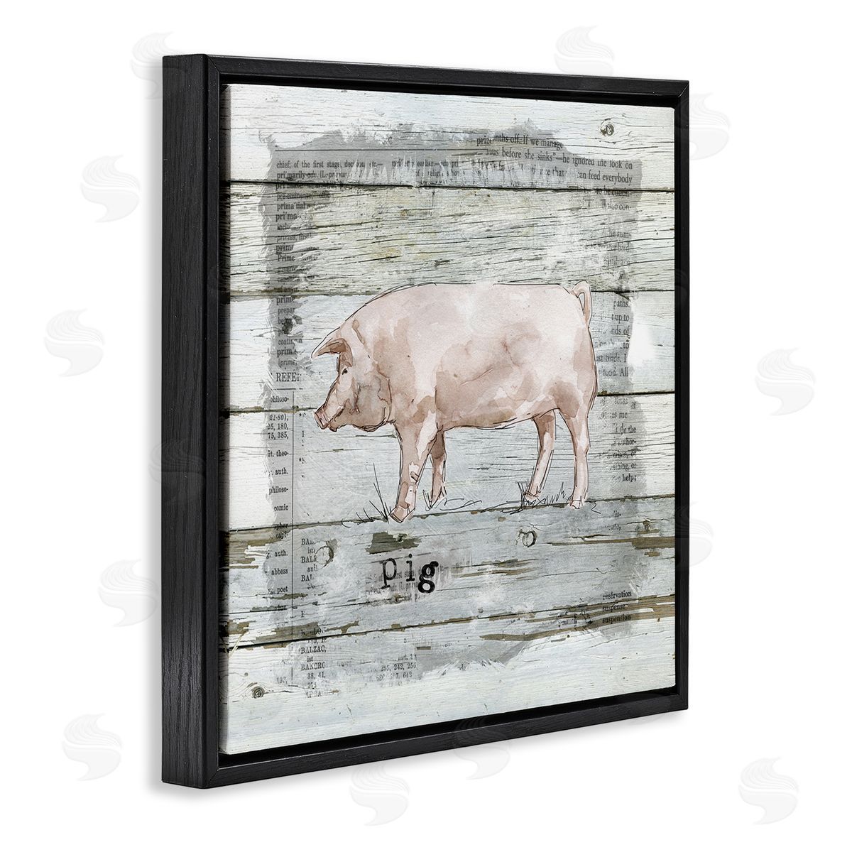 Carol Robinson Country Pink Pig over Book Collage Rustic Pattern Black Floating Frame Canvas Wall Art Print
