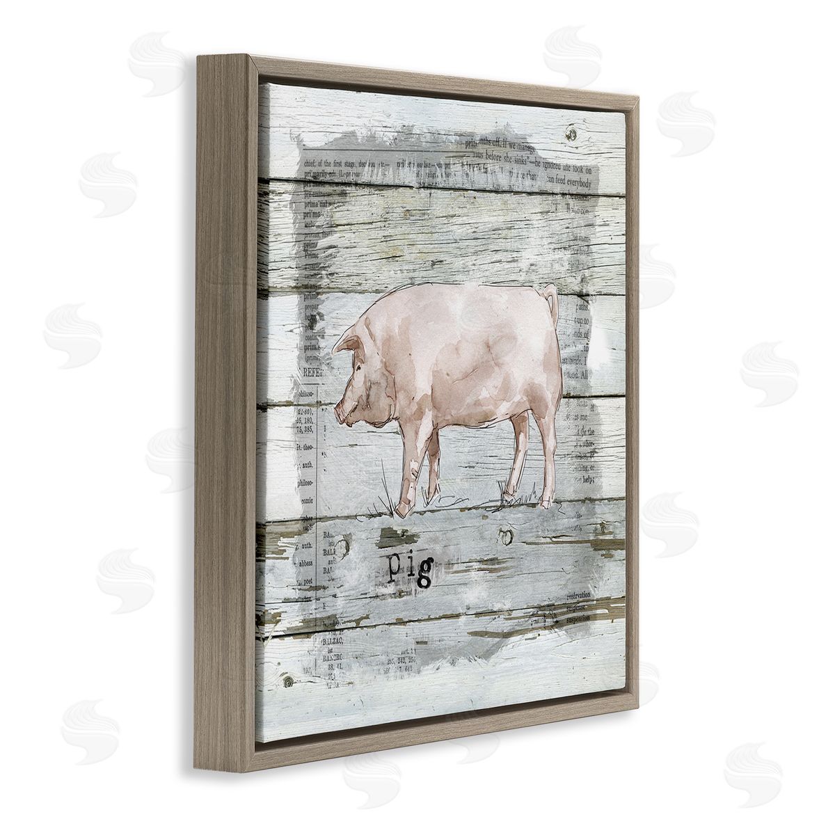 Carol Robinson Country Pink Pig over Book Collage Rustic Pattern Brown Floating Frame Canvas Wall Art Print