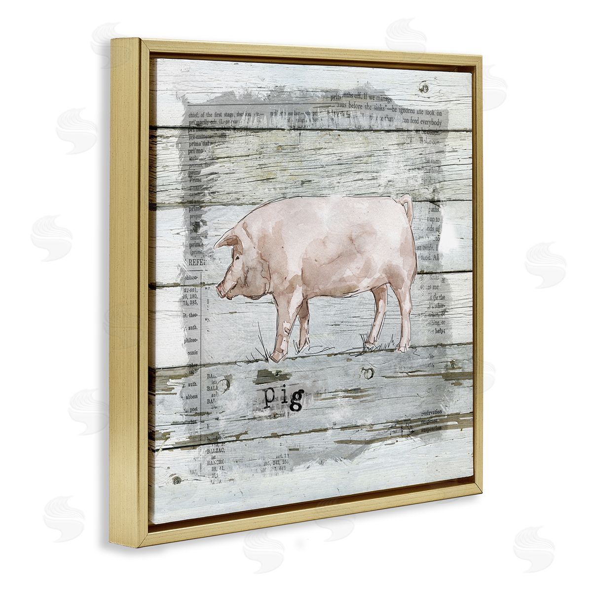 Carol Robinson Country Pink Pig over Book Collage Rustic Pattern Gold Floating Frame Canvas Wall Art Print
