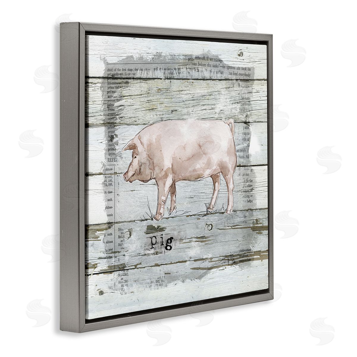 Carol Robinson Country Pink Pig over Book Collage Rustic Pattern Gray Floating Frame Canvas Wall Art Print