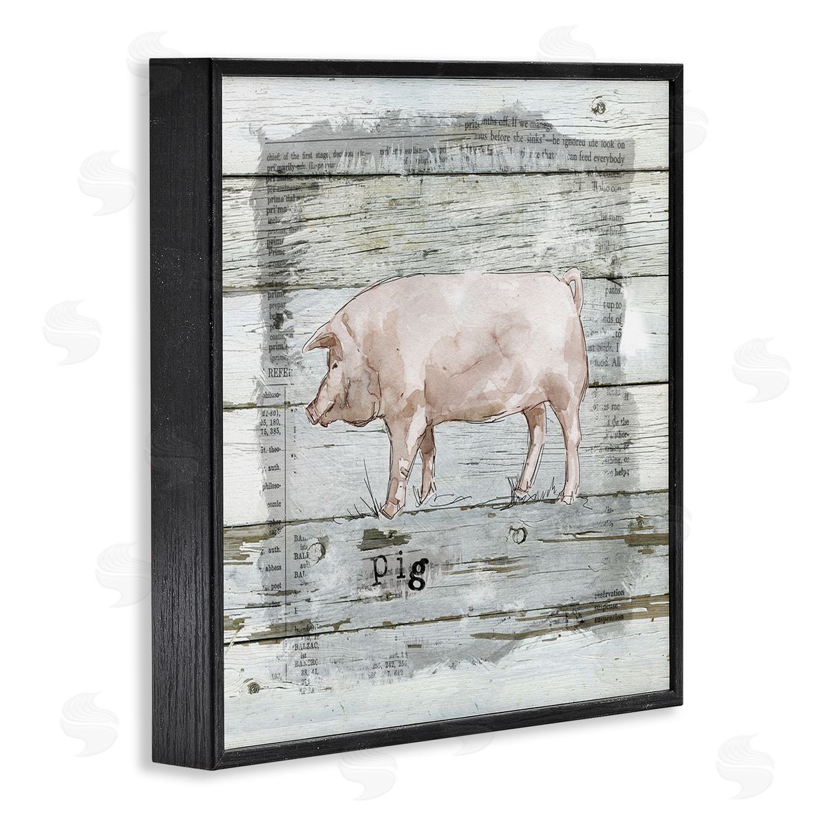 Carol Robinson Country Pink Pig over Book Collage Rustic Pattern Black Framed Glicee Wall Art Print