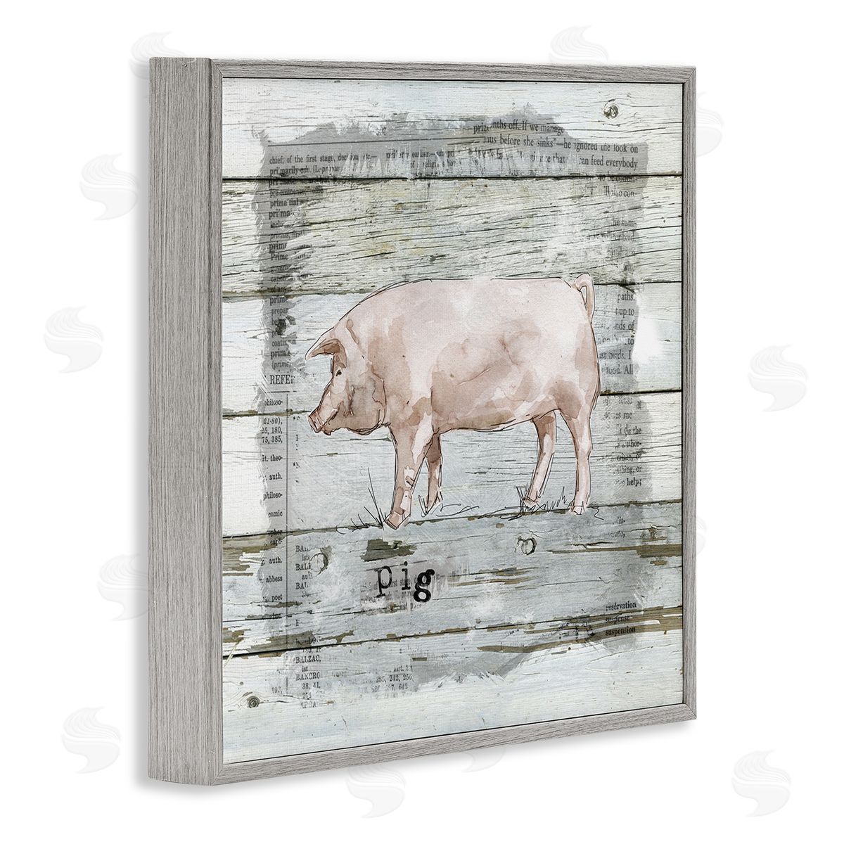 Carol Robinson Country Pink Pig over Book Collage Rustic Pattern Gray Framed Glicee Wall Art Print