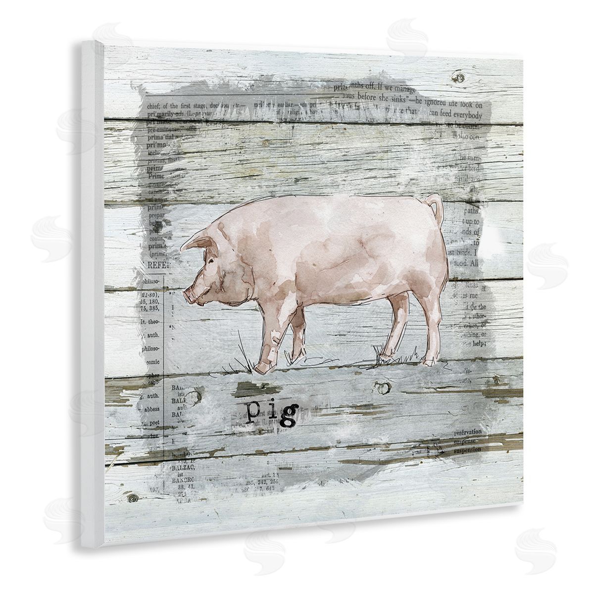 Carol Robinson Country Pink Pig over Book Collage Rustic Pattern Wooden Wall Plaque Art Print