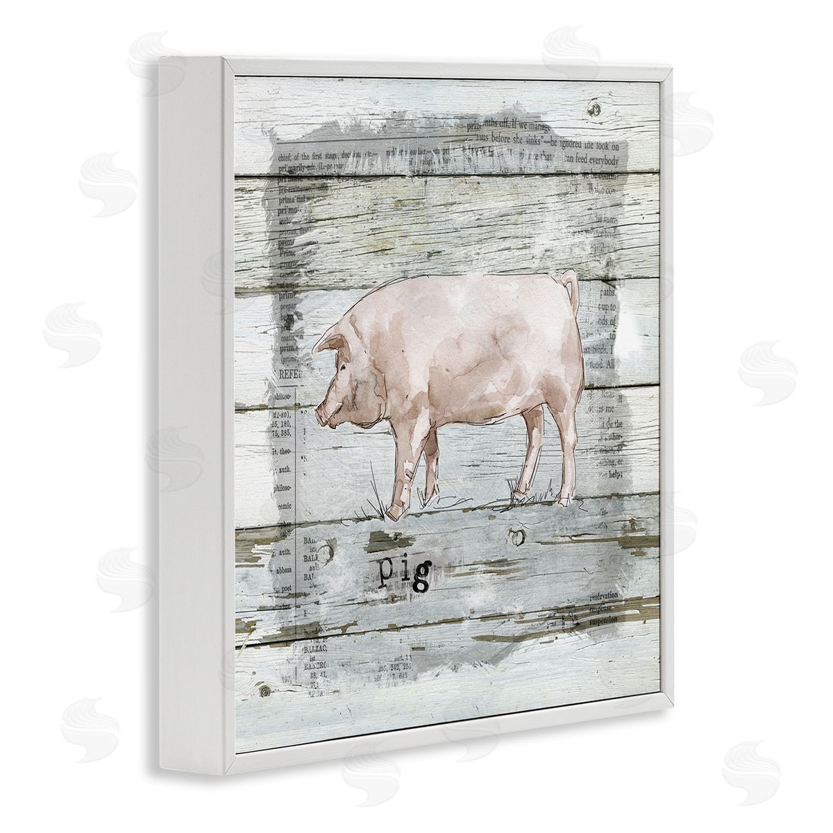 Carol Robinson Country Pink Pig over Book Collage Rustic Pattern White Framed Glicee Wall Art Print