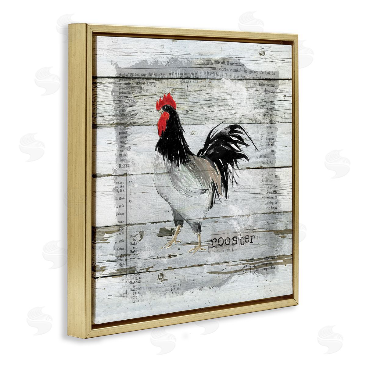 Carol Robinson Farm Country Rooster Rustic Pattern Book Collage Gold Floating Frame Canvas Wall Art Print