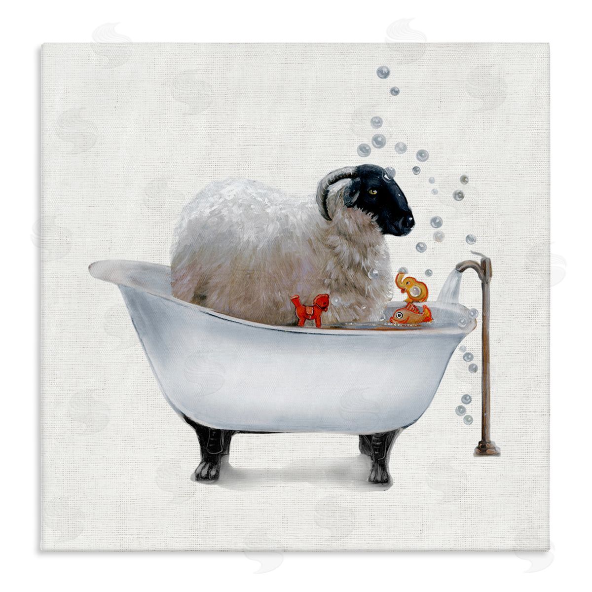 Donna Brooks Fluffy County Goat in Bathtub Soap Bubbles Stretched Canvas Wall Art Print
