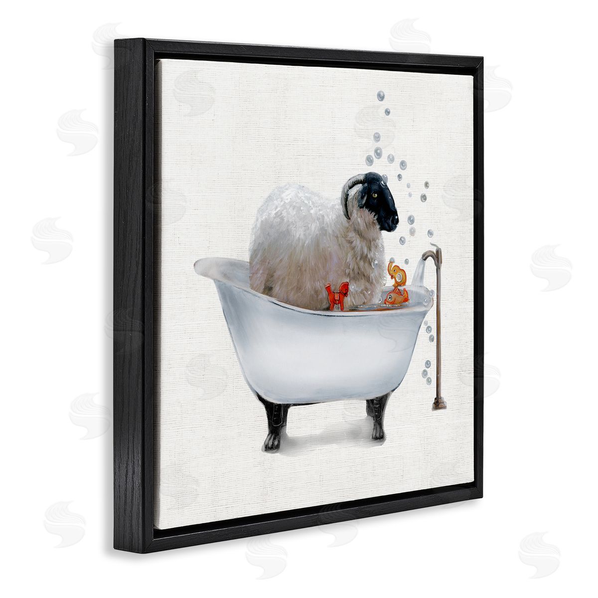 Donna Brooks Fluffy County Goat in Bathtub Soap Bubbles Black Floating Frame Canvas Wall Art Print