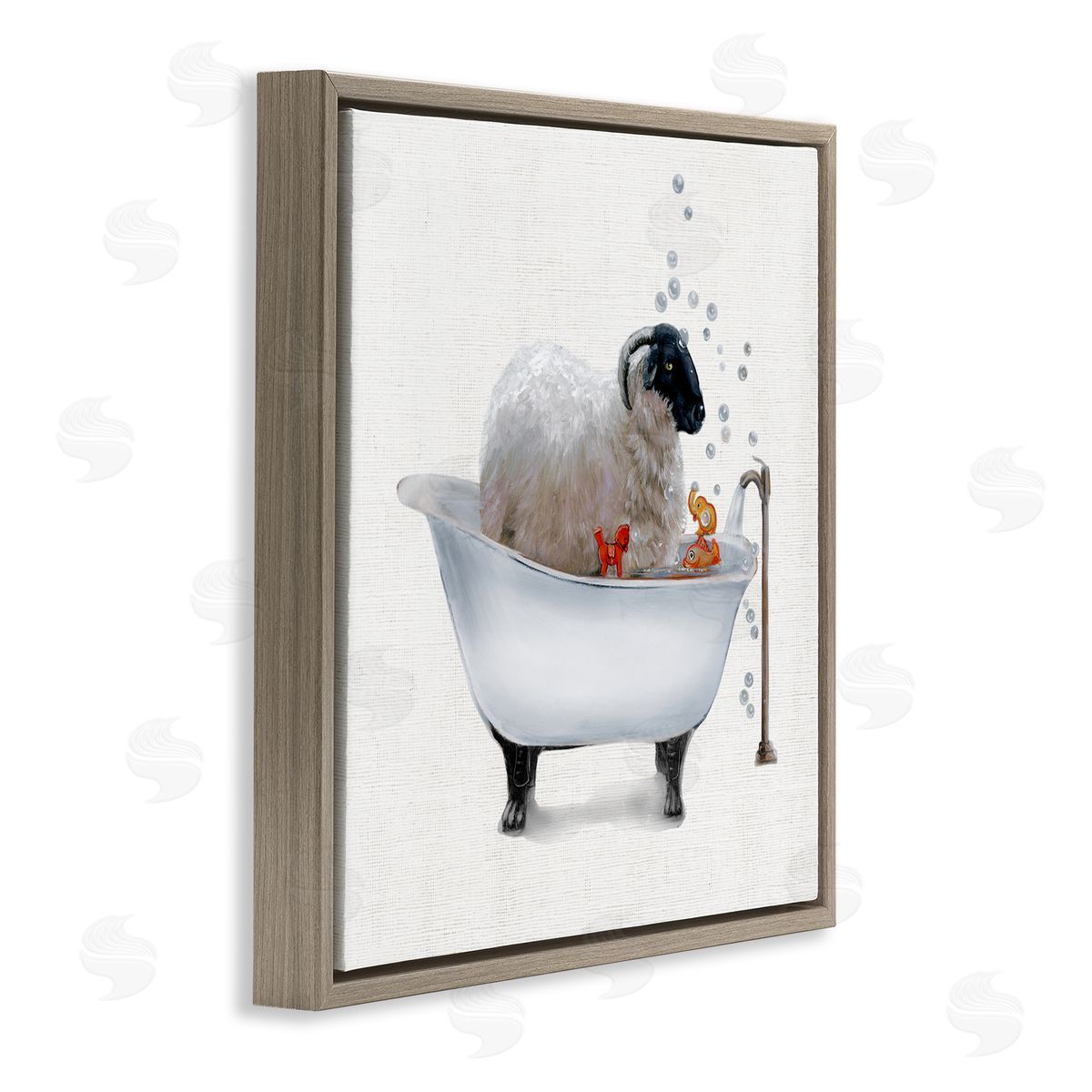 Donna Brooks Fluffy County Goat in Bathtub Soap Bubbles Brown Floating Frame Canvas Wall Art Print