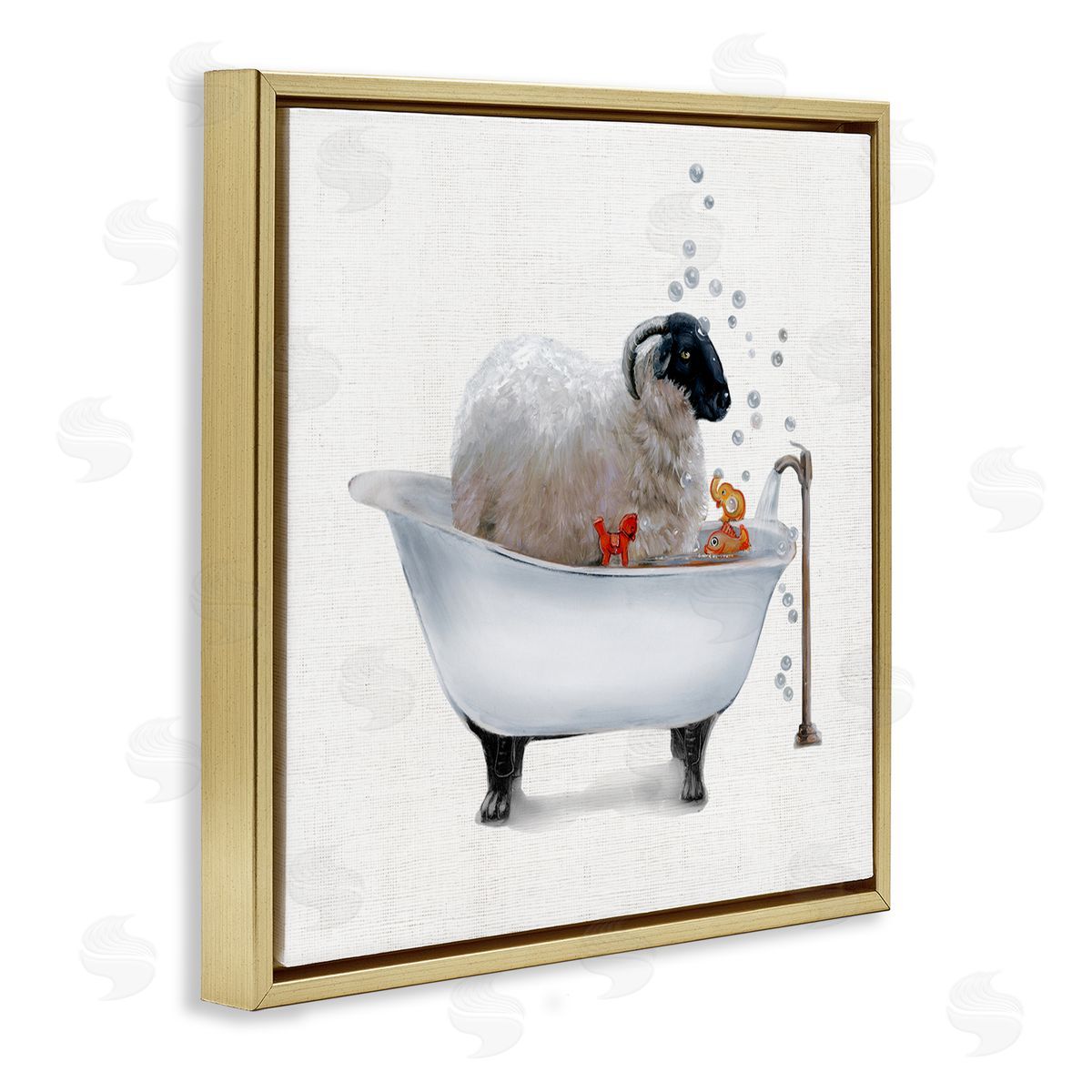 Donna Brooks Fluffy County Goat in Bathtub Soap Bubbles Gold Floating Frame Canvas Wall Art Print