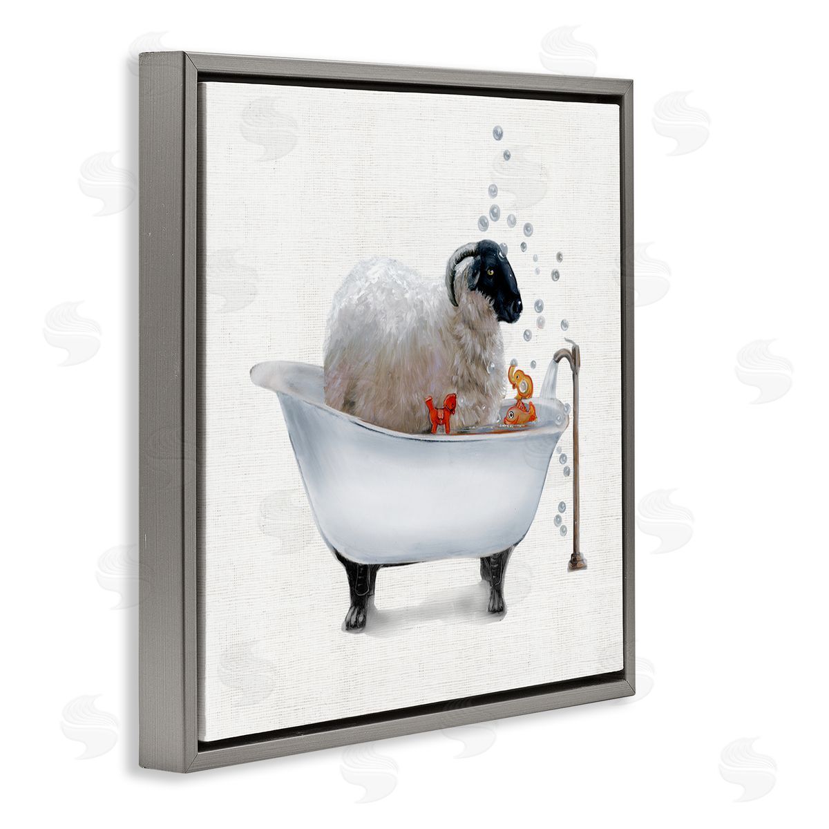 Donna Brooks Fluffy County Goat in Bathtub Soap Bubbles Gray Floating Frame Canvas Wall Art Print