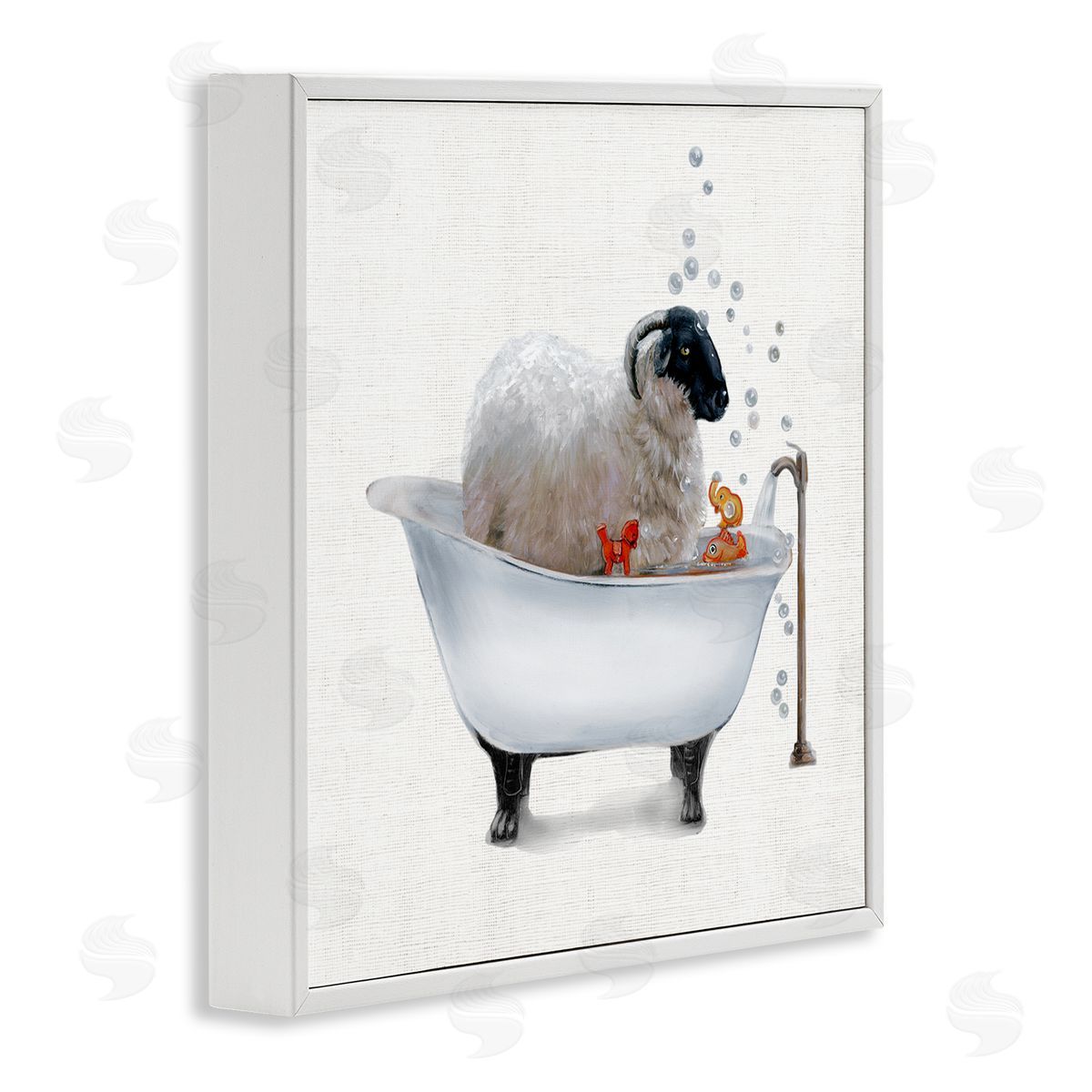 Donna Brooks Fluffy County Goat in Bathtub Soap Bubbles White Framed Glicee Wall Art Print