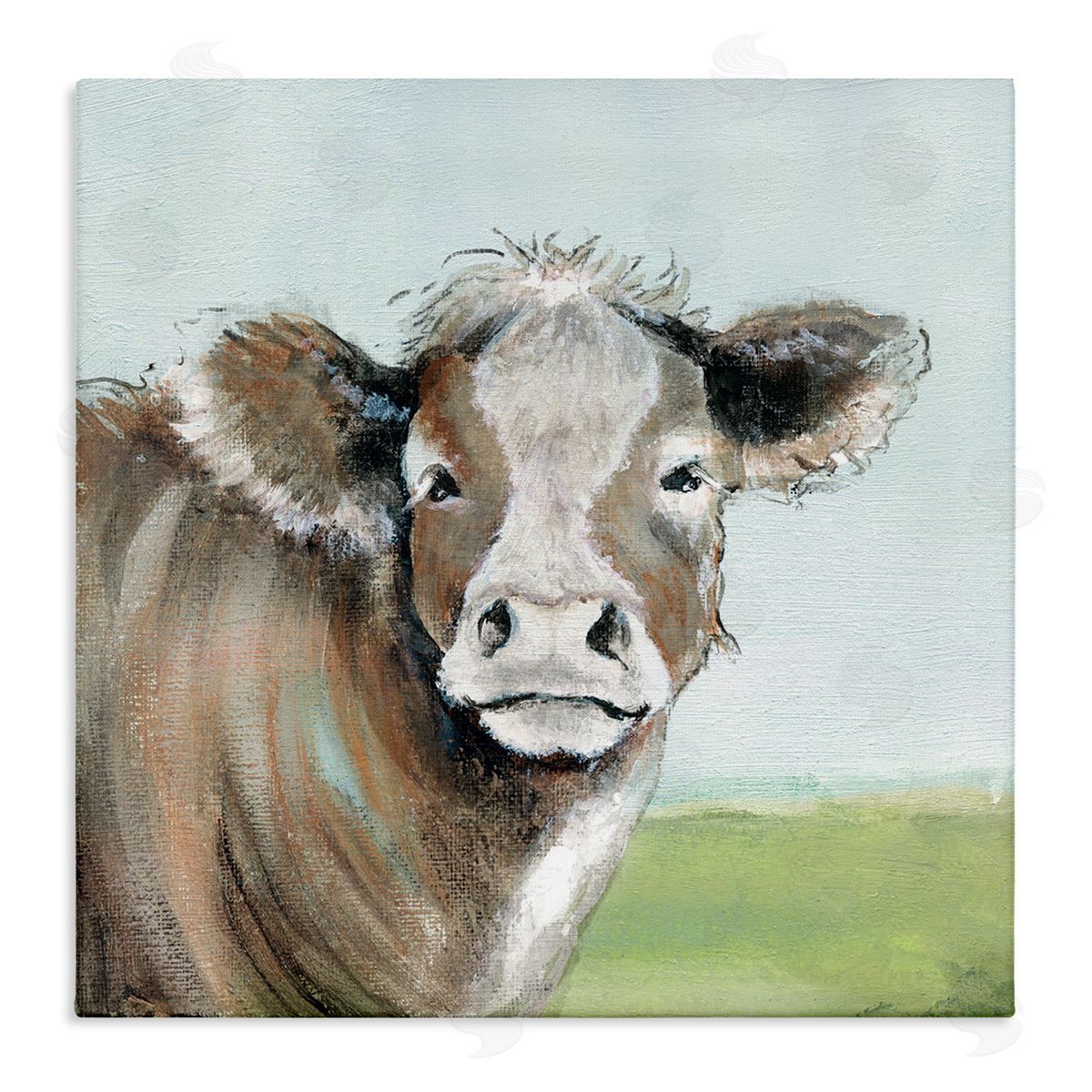 Janet Tava Cow Gazing Farm Pasture Clear Blue Sky Stretched Canvas Wall Art Print