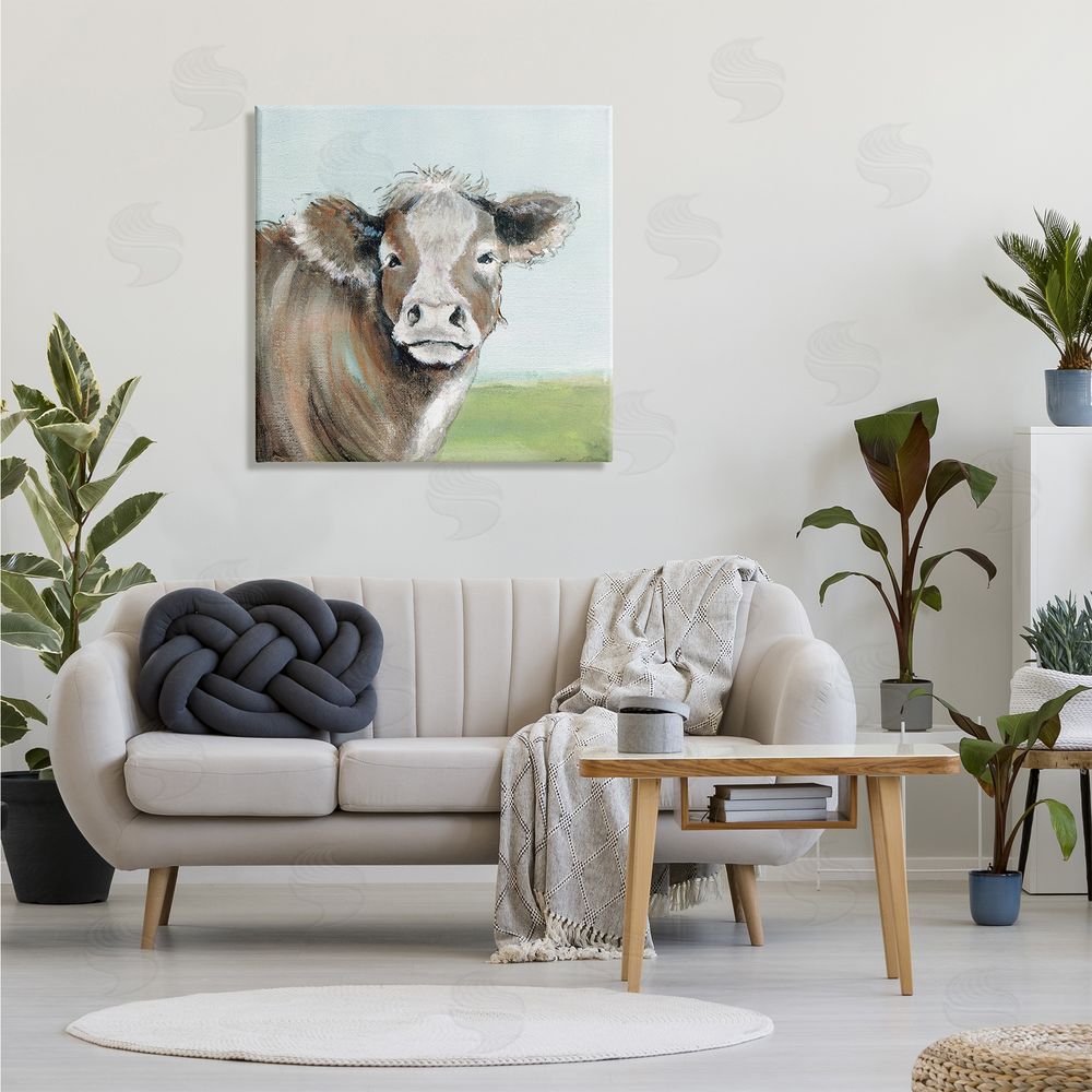 Janet Tava Cow Gazing Farm Pasture Clear Blue Sky Canvas Wall Art in Room