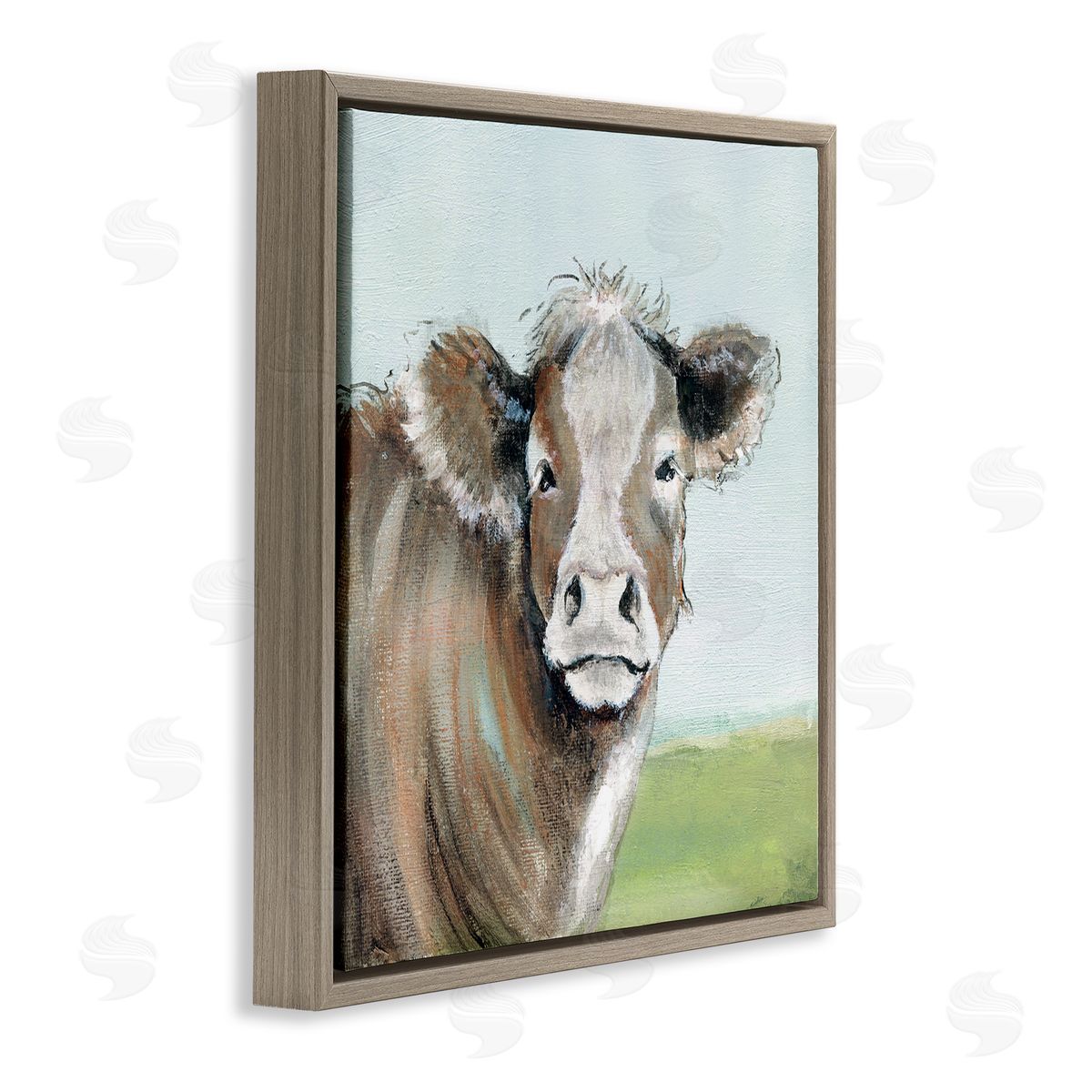 Janet Tava Cow Gazing Farm Pasture Clear Blue Sky Brown Floating Frame Canvas Wall Art Print