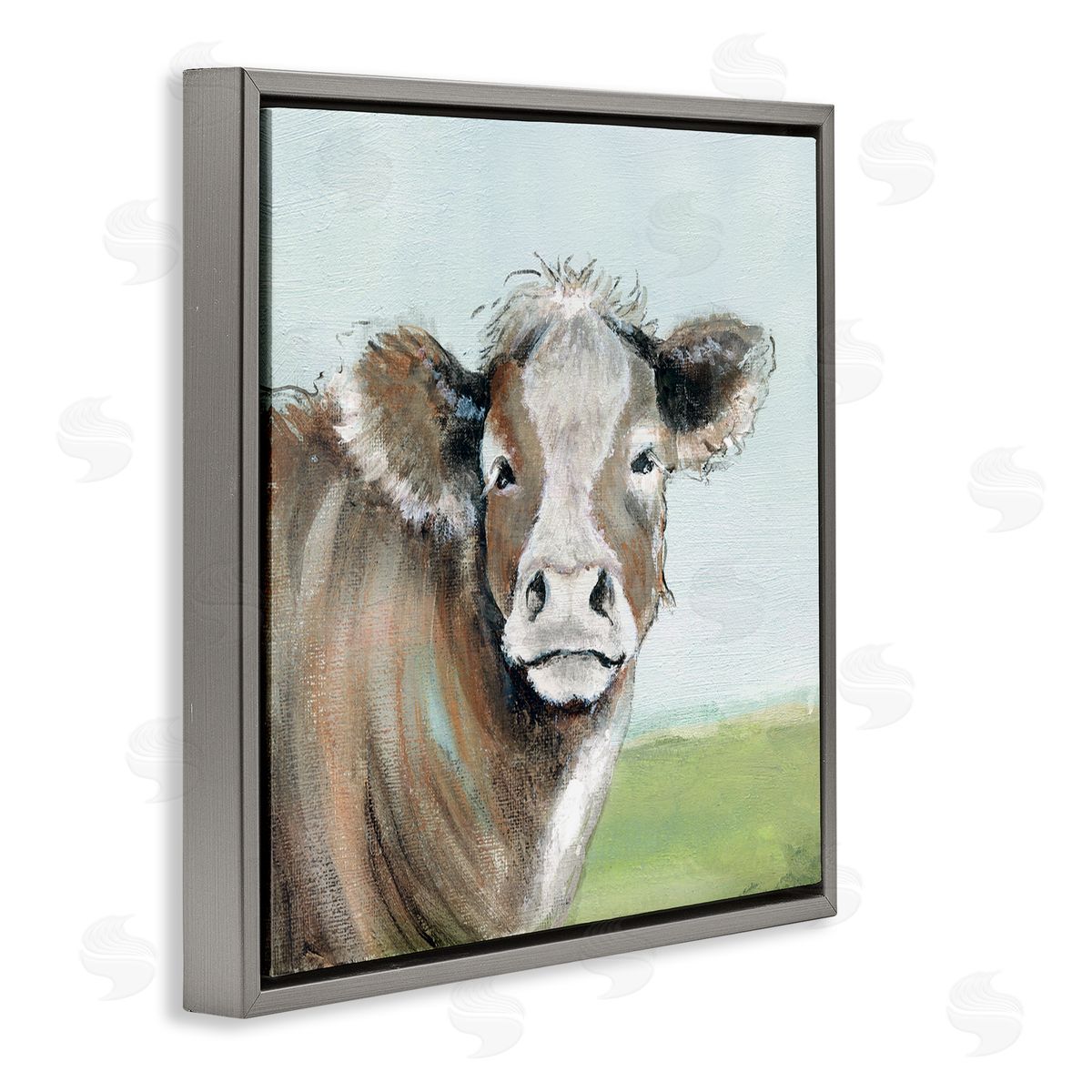 Janet Tava Cow Gazing Farm Pasture Clear Blue Sky Gray Floating Frame Canvas Wall Art Print