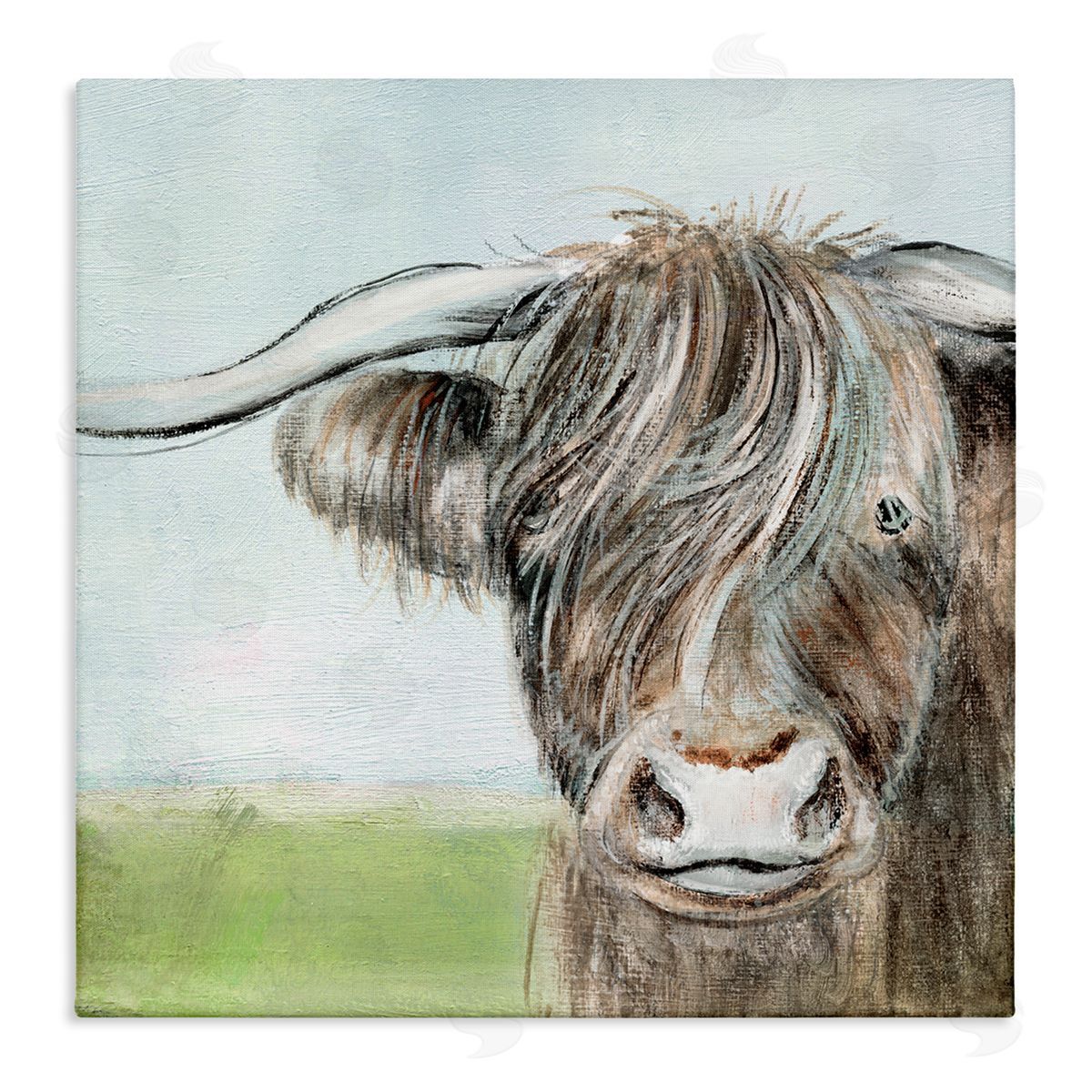 Janet Tava Shaggy Cattle Brown Country Animal Blue Sky Stretched Canvas Wall Art Print