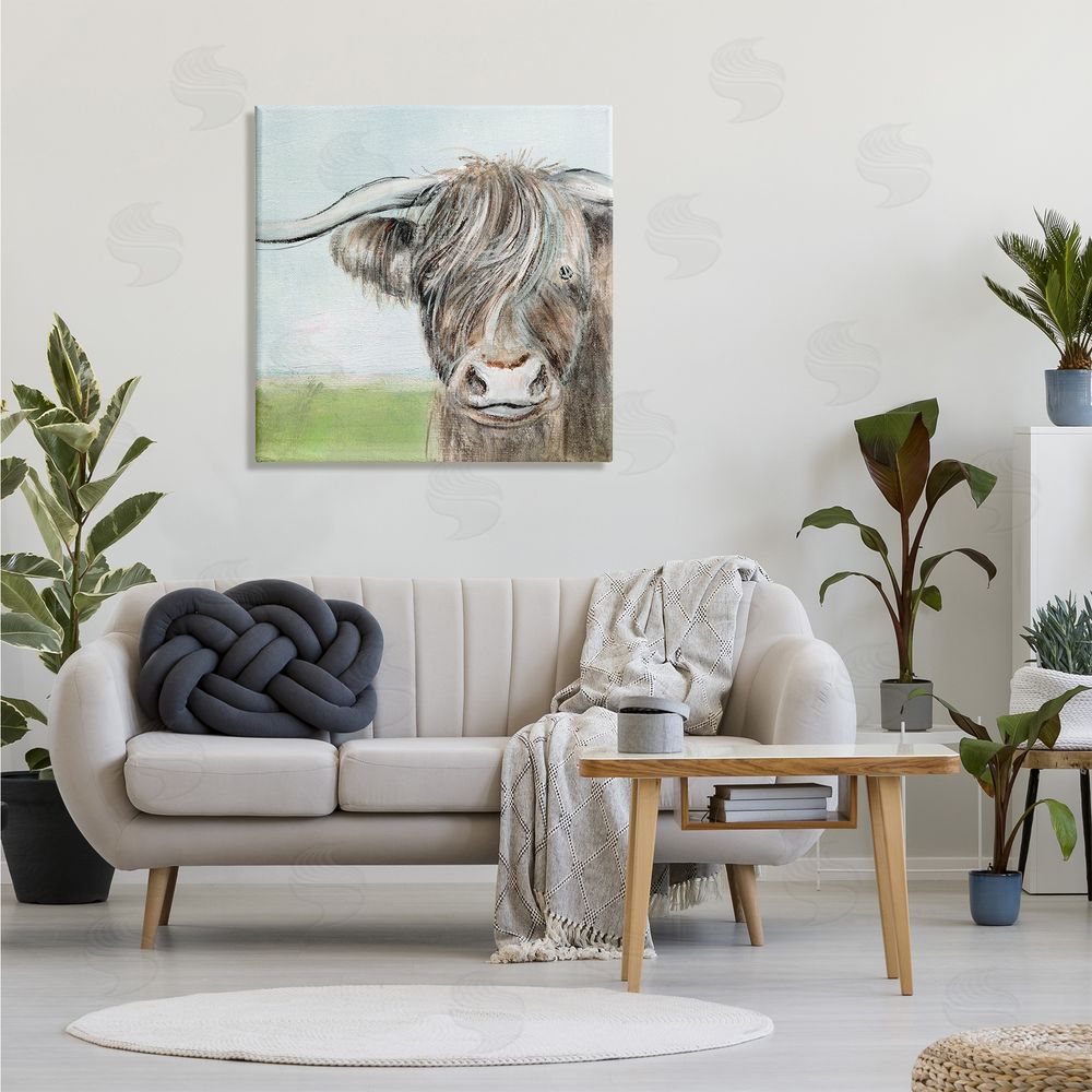 Janet Tava Shaggy Cattle Brown Country Animal Blue Sky Canvas Wall Art in Room