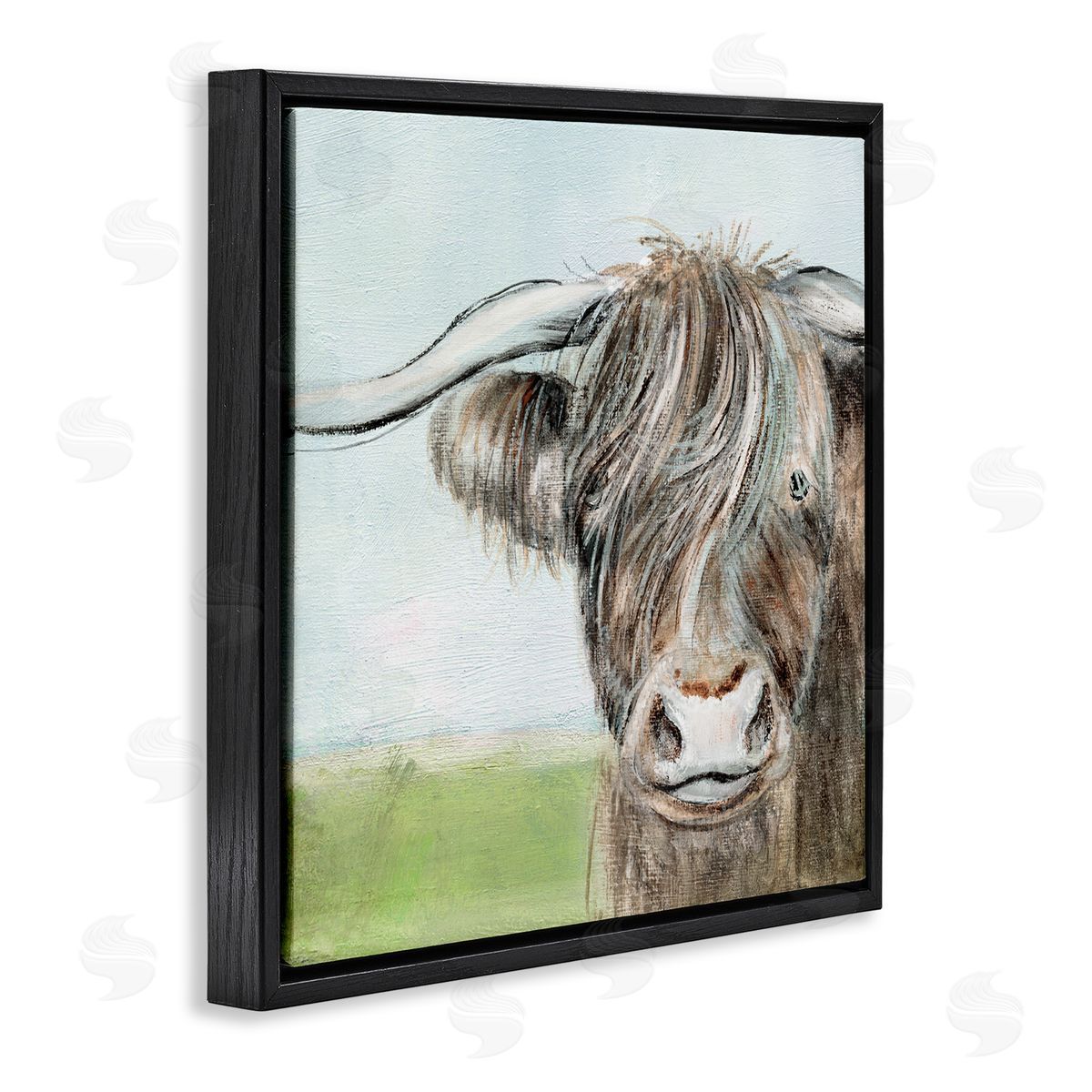 Janet Tava Shaggy Cattle Brown Country Animal Blue Sky Black Floating Frame Canvas Wall Art Print