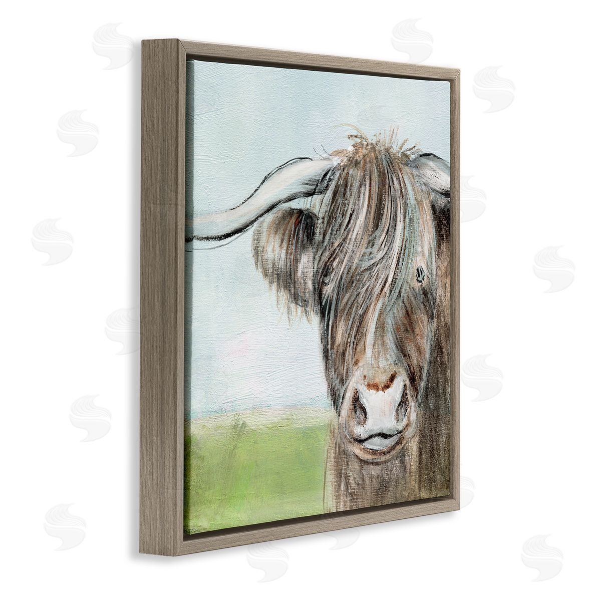 Janet Tava Shaggy Cattle Brown Country Animal Blue Sky Brown Floating Frame Canvas Wall Art Print