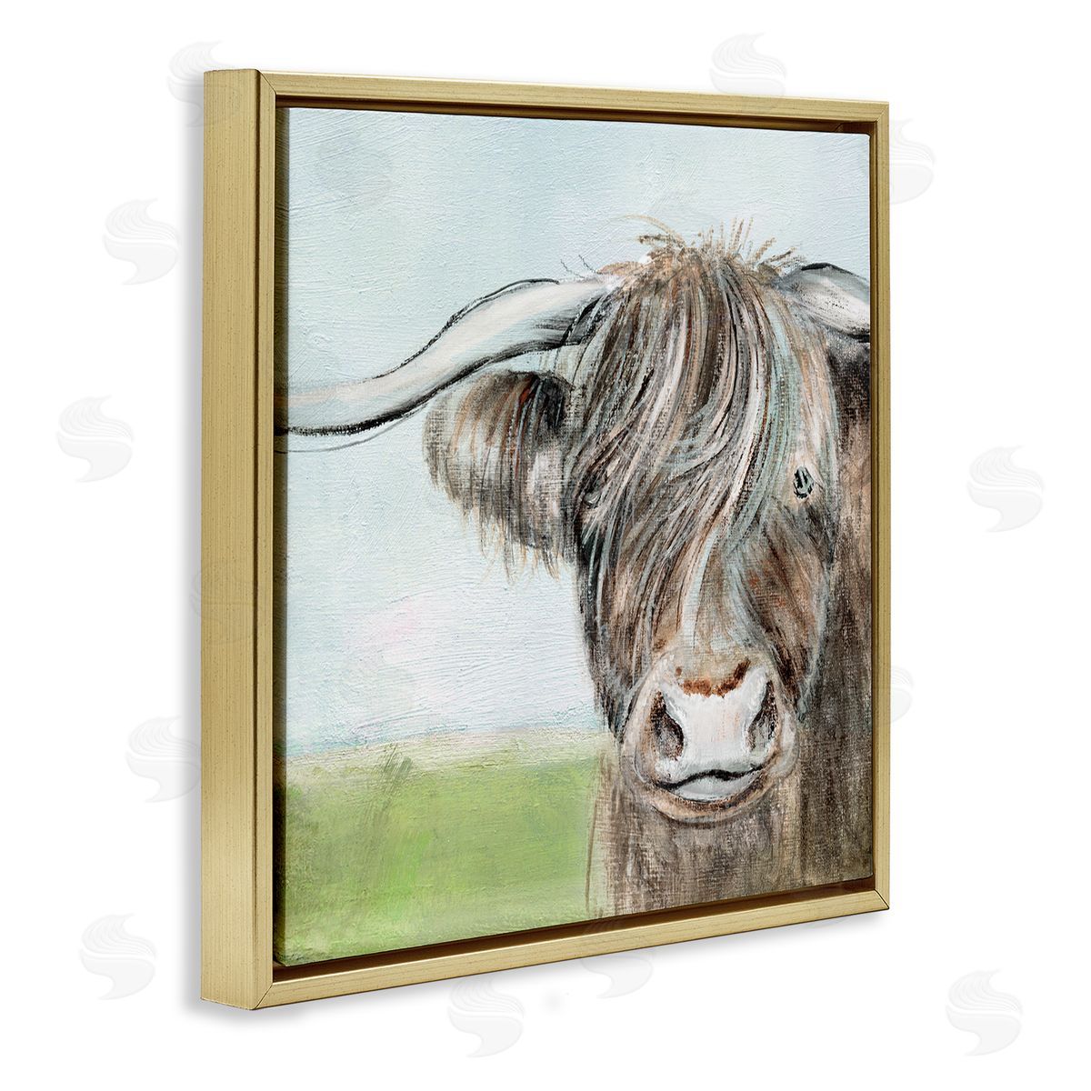 Janet Tava Shaggy Cattle Brown Country Animal Blue Sky Gold Floating Frame Canvas Wall Art Print