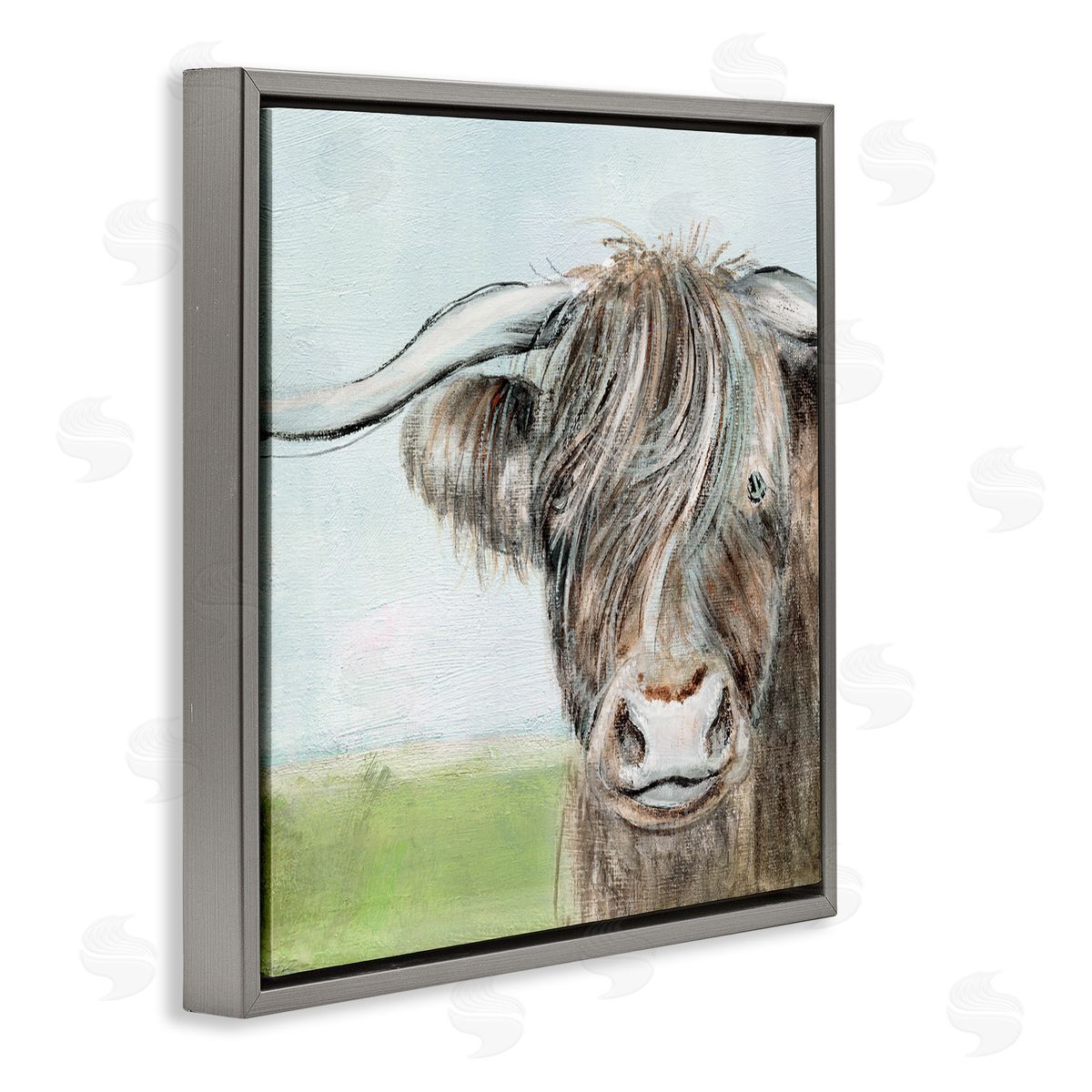 Janet Tava Shaggy Cattle Brown Country Animal Blue Sky Gray Floating Frame Canvas Wall Art Print