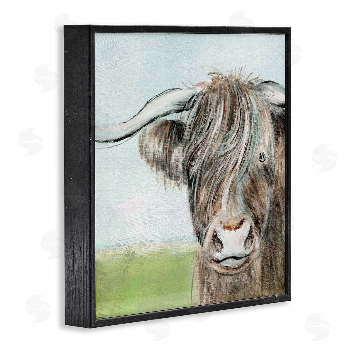 Janet Tava Shaggy Cattle Brown Country Animal Blue Sky Black Framed Glicee Wall Art Print