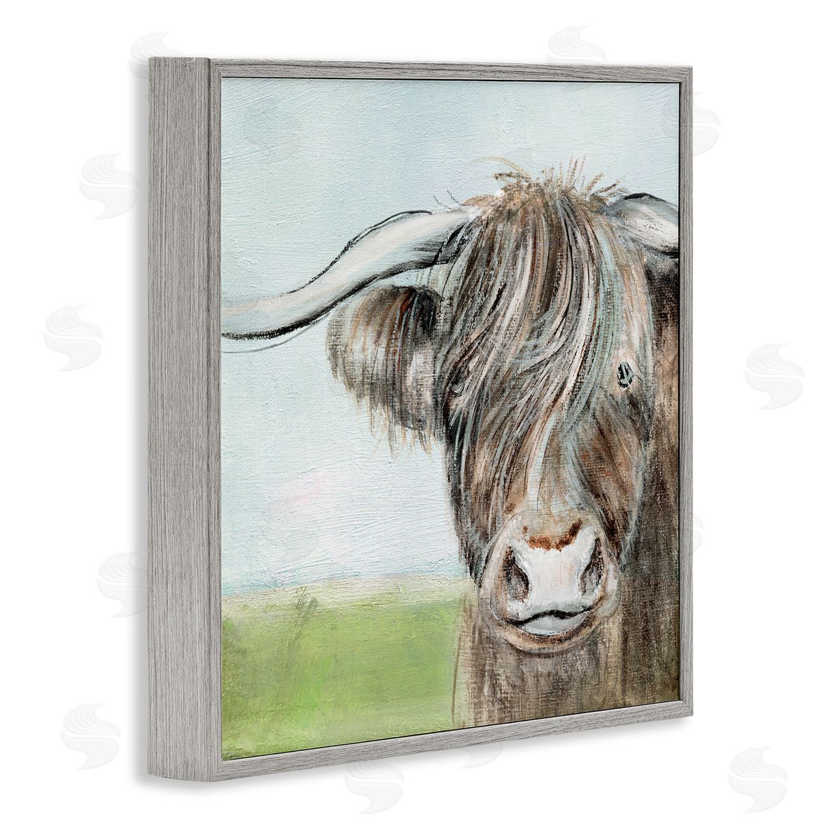 Janet Tava Shaggy Cattle Brown Country Animal Blue Sky Gray Framed Glicee Wall Art Print