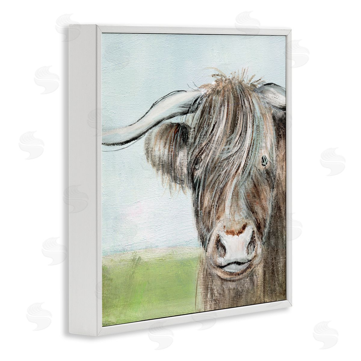 Janet Tava Shaggy Cattle Brown Country Animal Blue Sky White Framed Glicee Wall Art Print