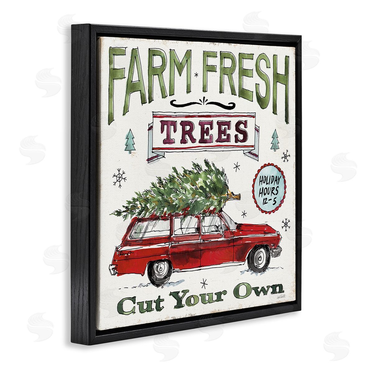 Anne Tavoletti Farm Fresh Trees Vintage Christmas Advertisement Station Wagon Black Floating Frame Canvas Wall Art Print