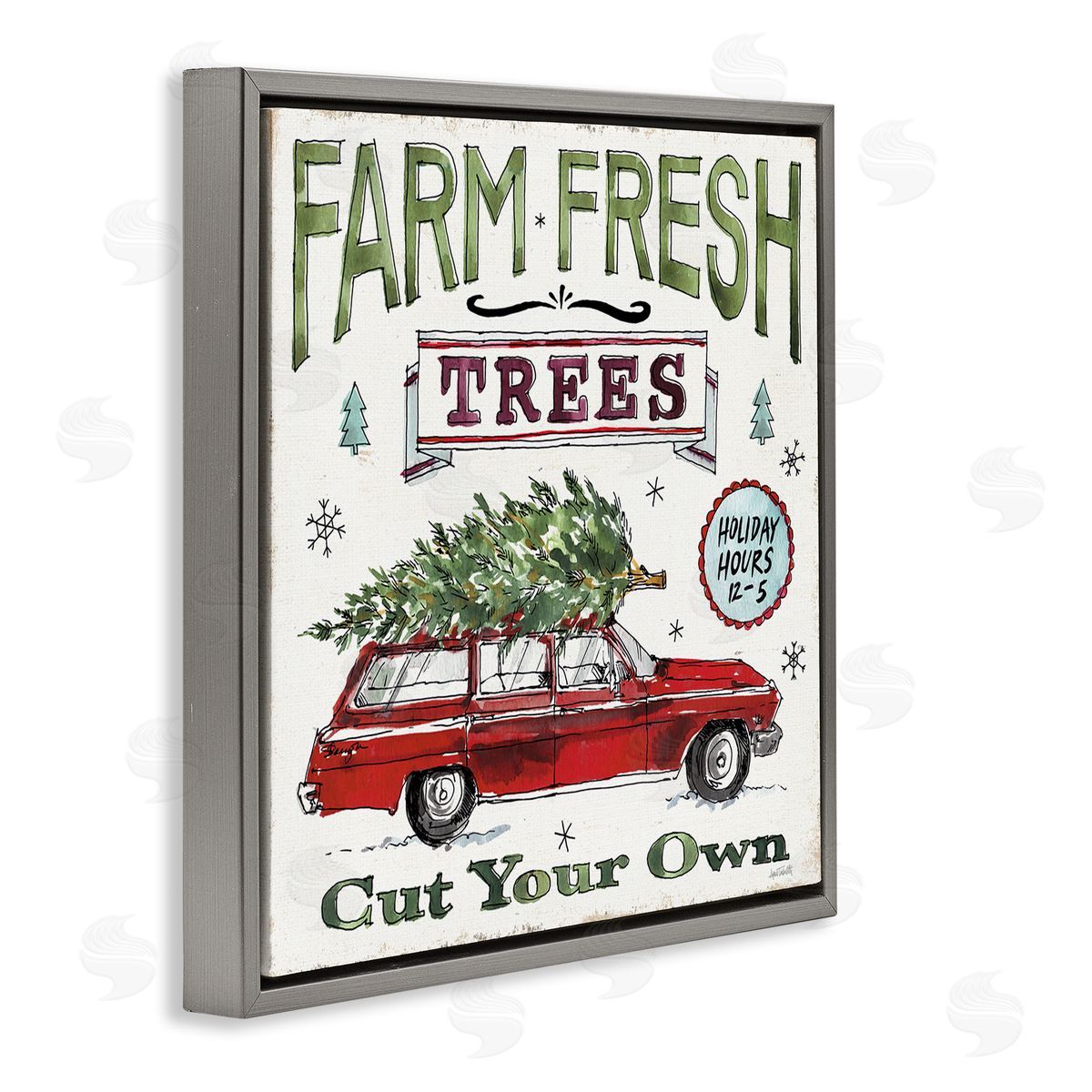 Anne Tavoletti Farm Fresh Trees Vintage Christmas Advertisement Station Wagon Gray Floating Frame Canvas Wall Art Print
