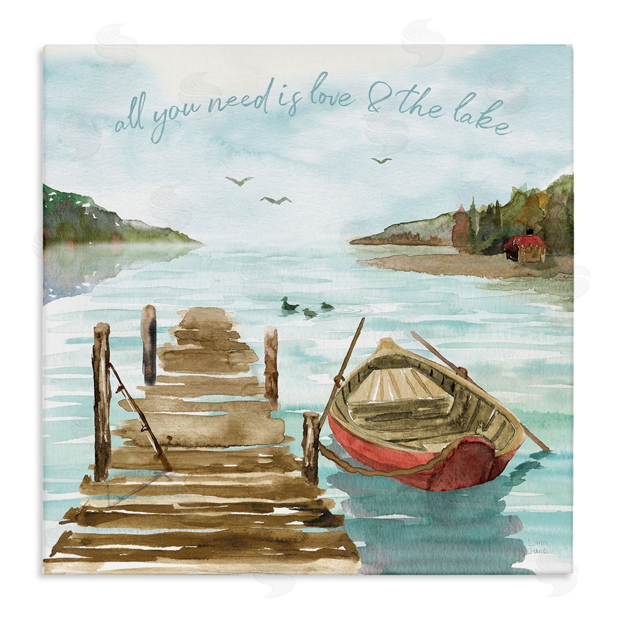Dina June Love and The Lake Sentiment Boat Dock Landscape Stretched Canvas Wall Art Print
