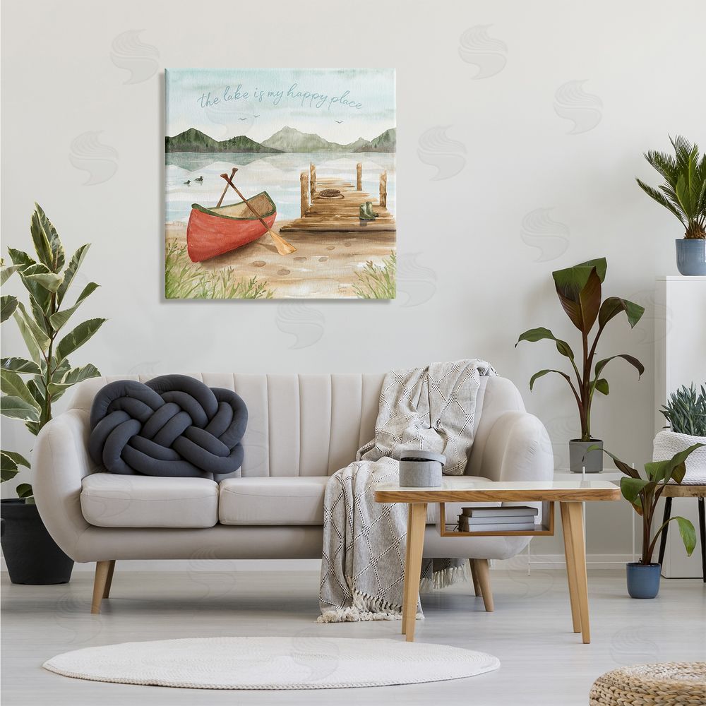 Dina June Lake's My Happy Place Phrase Boat Dock Landscape Canvas Wall Art in Room