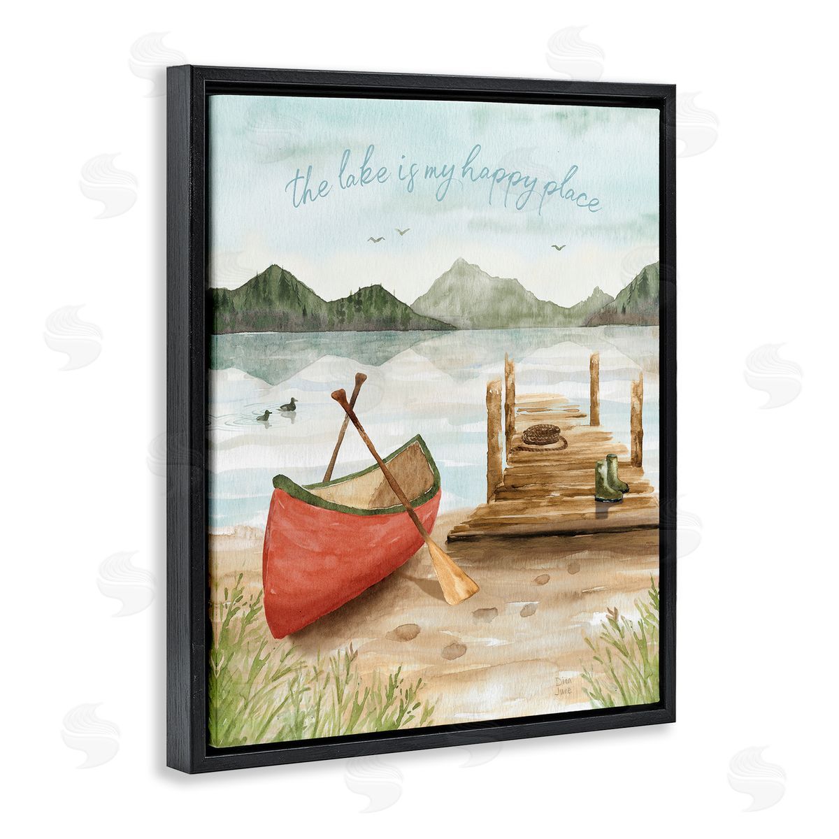 Dina June Lake's My Happy Place Phrase Boat Dock Landscape Black Floating Frame Canvas Wall Art Print