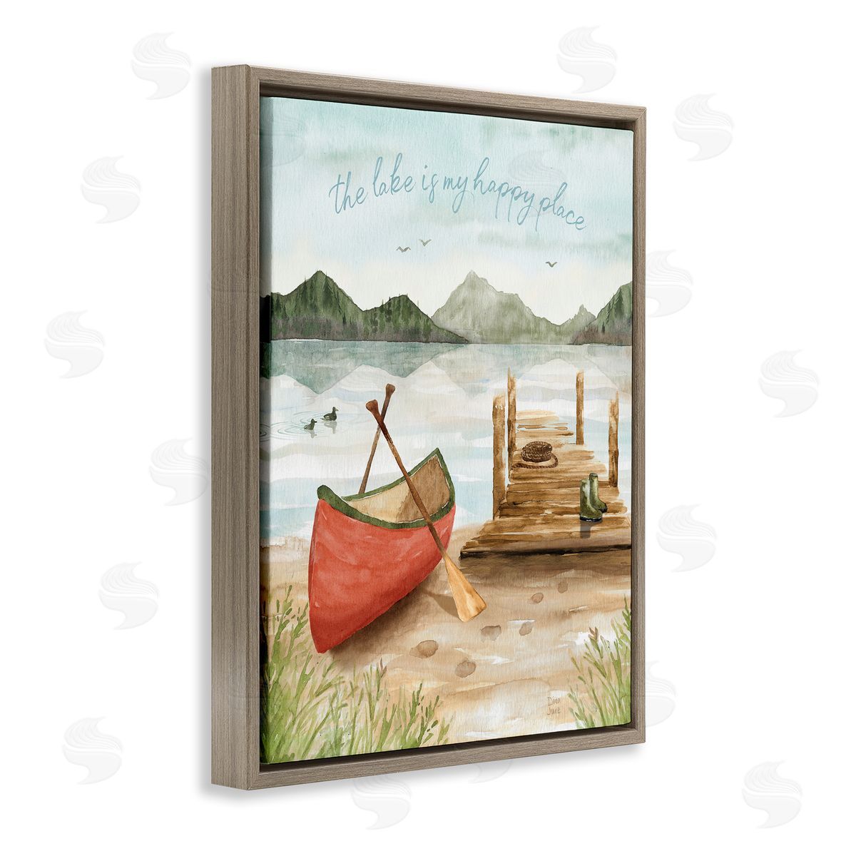 Dina June Lake's My Happy Place Phrase Boat Dock Landscape Brown Floating Frame Canvas Wall Art Print