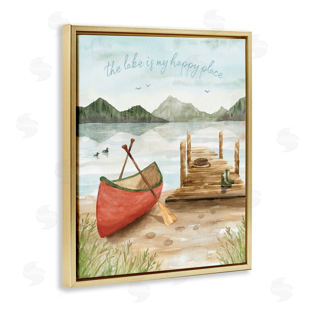 Dina June Lake's My Happy Place Phrase Boat Dock Landscape Gold Floating Frame Canvas Wall Art Print