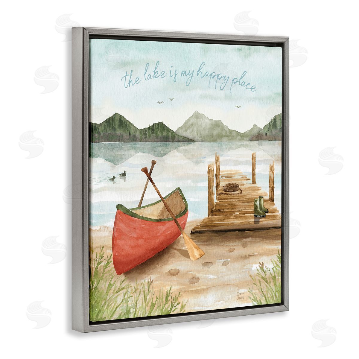 Dina June Lake's My Happy Place Phrase Boat Dock Landscape Gray Floating Frame Canvas Wall Art Print
