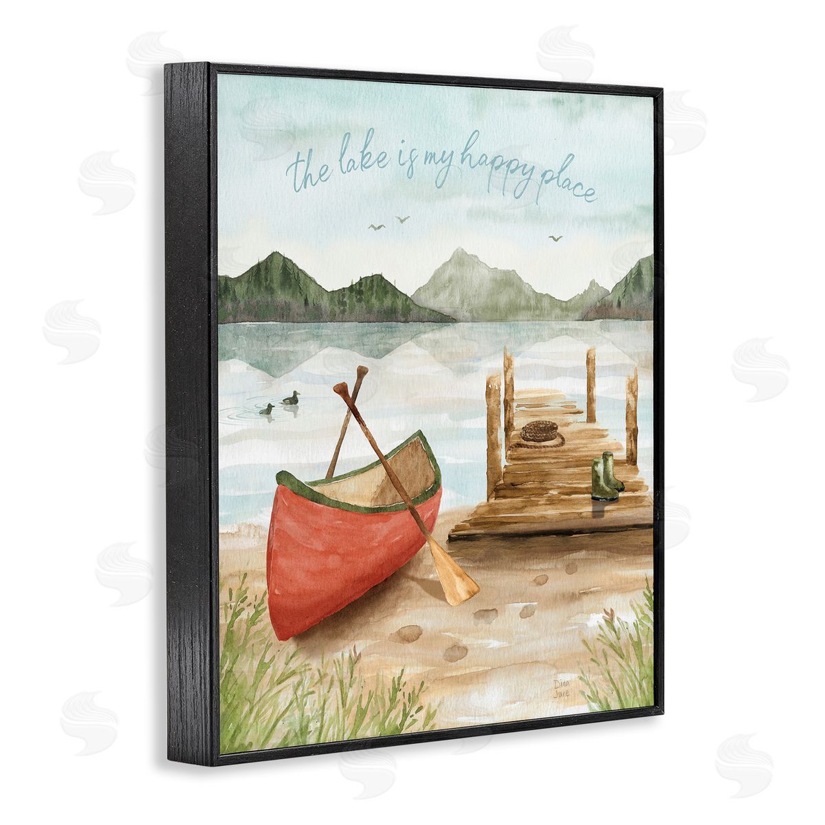 Dina June Lake's My Happy Place Phrase Boat Dock Landscape Black Framed Glicee Wall Art Print