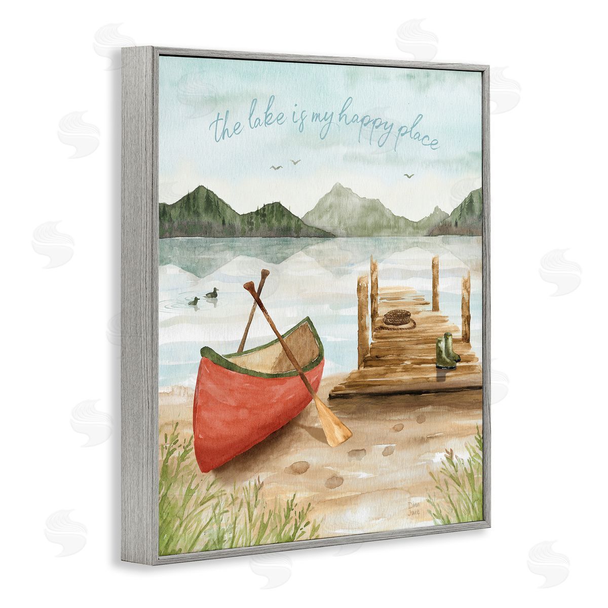 Dina June Lake's My Happy Place Phrase Boat Dock Landscape Gray Framed Glicee Wall Art Print