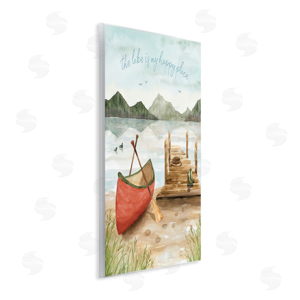 Dina June Lake's My Happy Place Phrase Boat Dock Landscape Wooden Wall Plaque Art Print